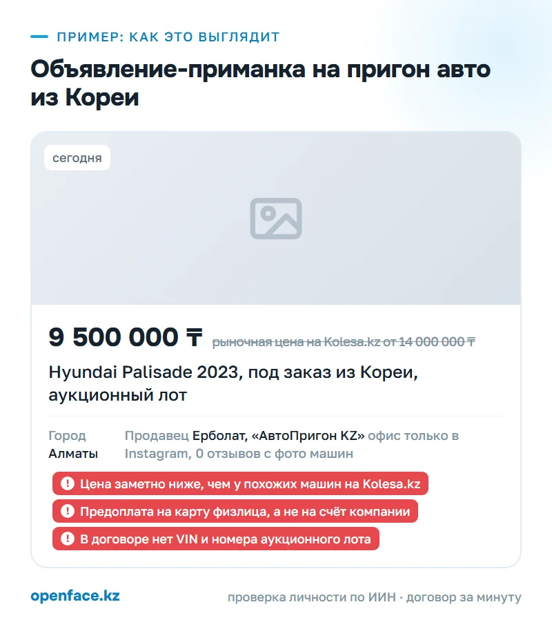 Объявление-приманка на пригон авто из Кореи: пример, как это выглядит