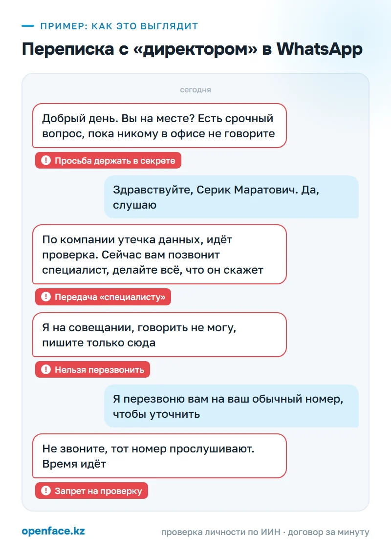 Переписка с «директором» в WhatsApp: пример, как это выглядит